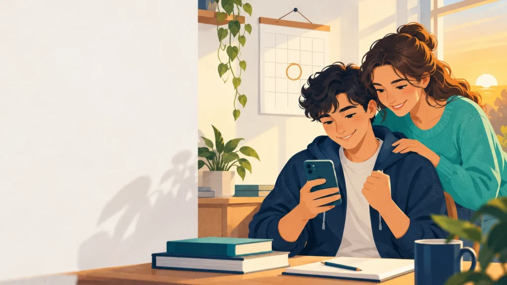 Student and parent checking ATAR results on a phone on results morning