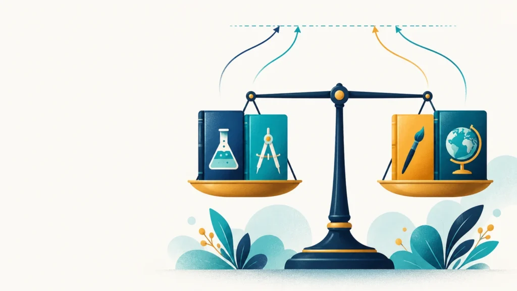 Balance scale with subject books showing how ATAR scaling puts subjects on one level