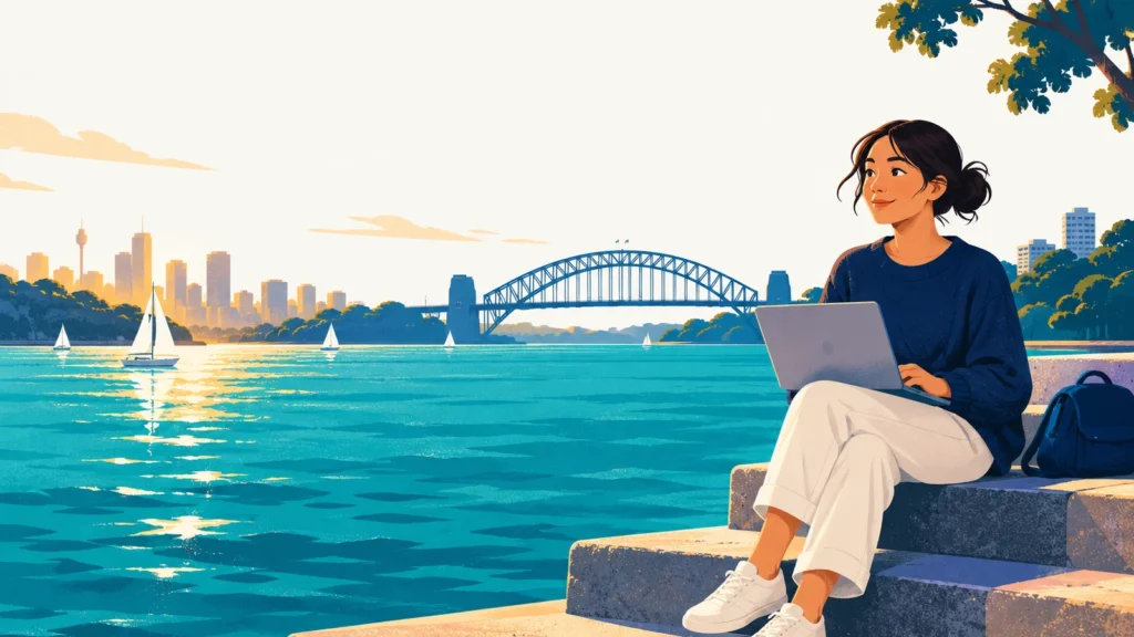 NSW HSC student with a laptop on harbour steps facing the Sydney Harbour Bridge