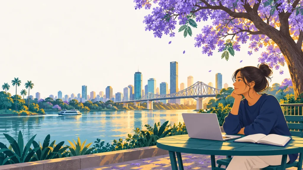 Queensland student studying under a jacaranda tree with the Brisbane River behind