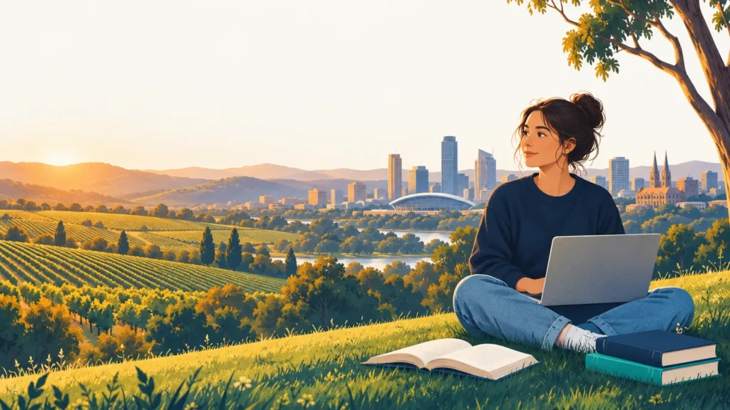 South Australian SACE student studying on a hill overlooking vineyards and Adelaide
