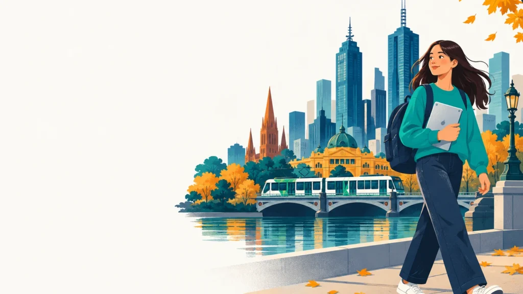 Victorian VCE student walking past a Melbourne tram and the city skyline