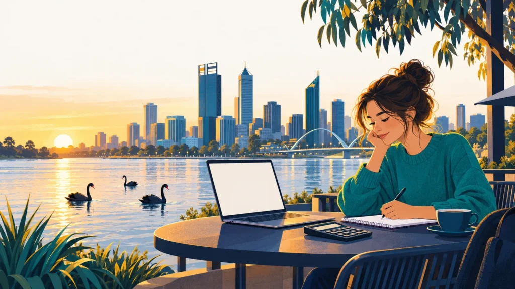 WA student studying at a riverside table in Perth with black swans on the water